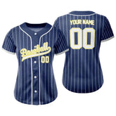 Custom Navy Blue White Pinestripe Button Down Baseball Jersey for Women